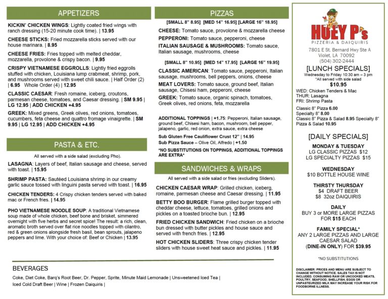 Huey P's Violet Menu